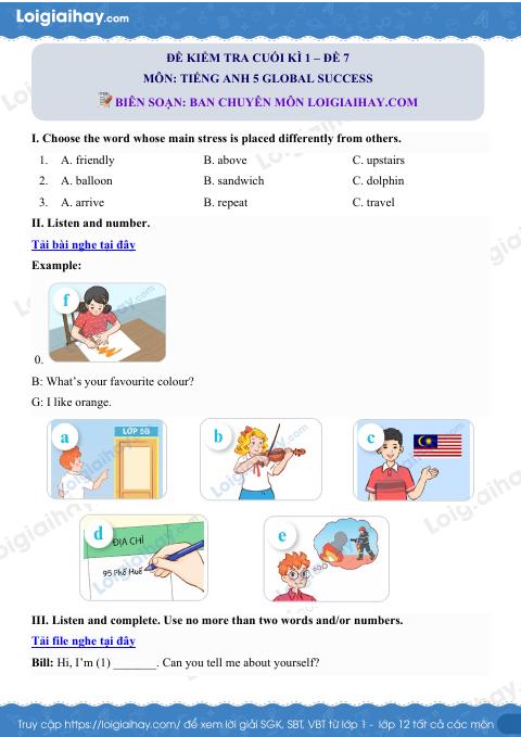 Đề thi học kì 1 Tiếng Anh 5 Global Success - Đề số 7